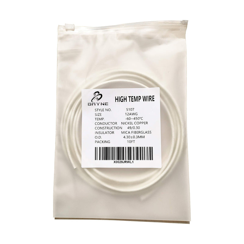 Bryne Mica High Temperature Wire -60~450 Degree C,Strands of Nickel plated copper wire,Insulation by Mica and Fiberglass,used in harsh environments (AWG12 10Ft) AWG12 10Ft