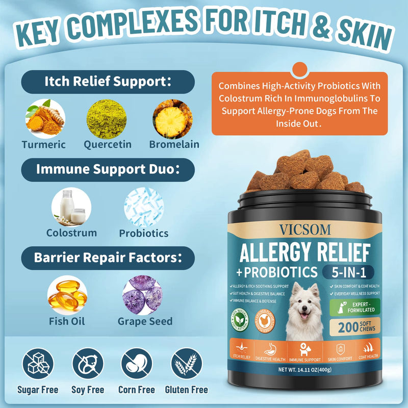 VICSOM Cat & Dog Allergy Relief Bundle – Itchy Skin, Immune Support, Seasonal Allergy & Gut Health Support with Probiotics, 60ml & 200 Chews