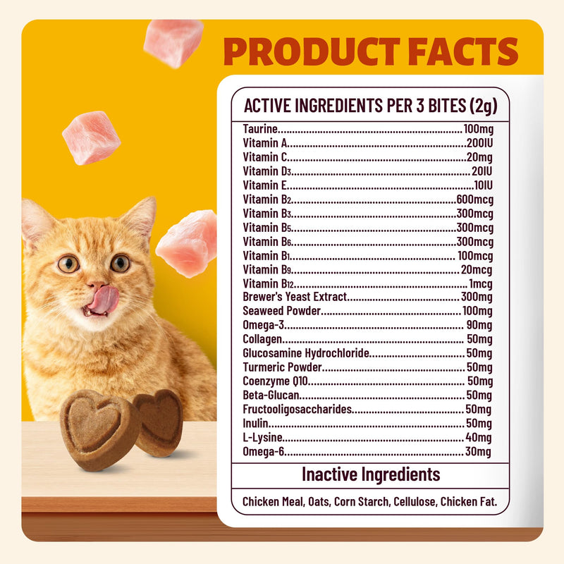 24-in-1 Vitamins Supplements and Taurine for Cats with CoQ10, Lysine, Glucosamine, Omega 3 - Cat Vitamins for Indoor Cats for Heart Health, Immunity Support, Shiny Skin&Coat- 330 Bites 7.76oz