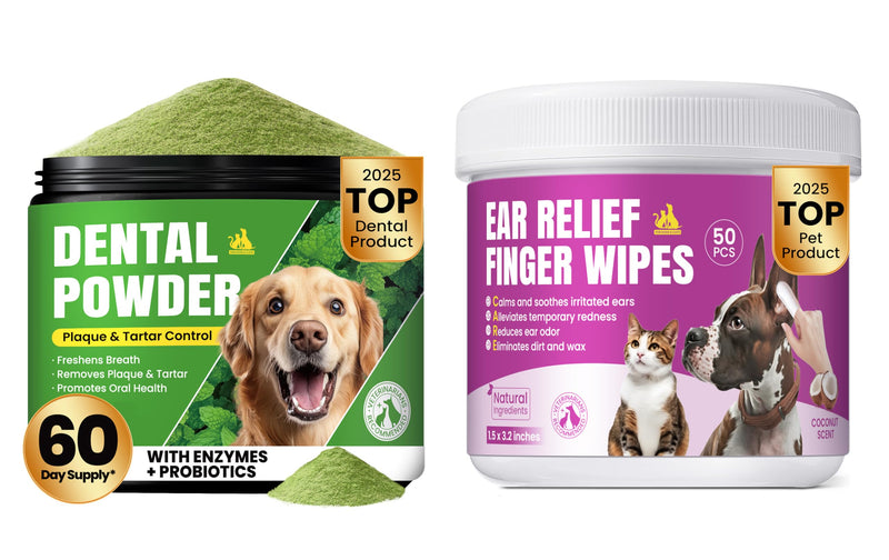 Dog Hygiene Care Bundle – Dental Powder & Ear Cleaning Finger Wipes for Oral & Ear Health