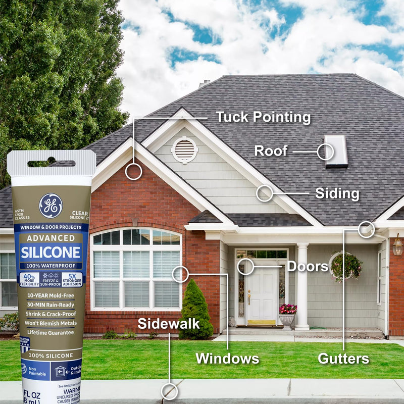 GE Advanced Silicone Caulk for Window & Door - 100% Waterproof Silicone Sealant, 5X Stronger Adhesion, Freeze & Sun Proof - 2.8 fl oz Tube, Clear, 1 Pack Pack of 1
