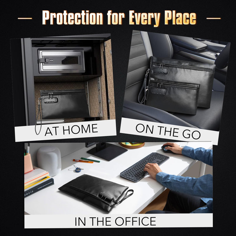Fireproof Document Bag Set with Lock, 2 Pcs Money Box for Cash & Passport, 6200°F Fire Proof Bag for Documents 14"x9.8" & 10.6" x 6.7", Fireproof Document Safe, Waterproof Money Bags Pouch with Zipper
