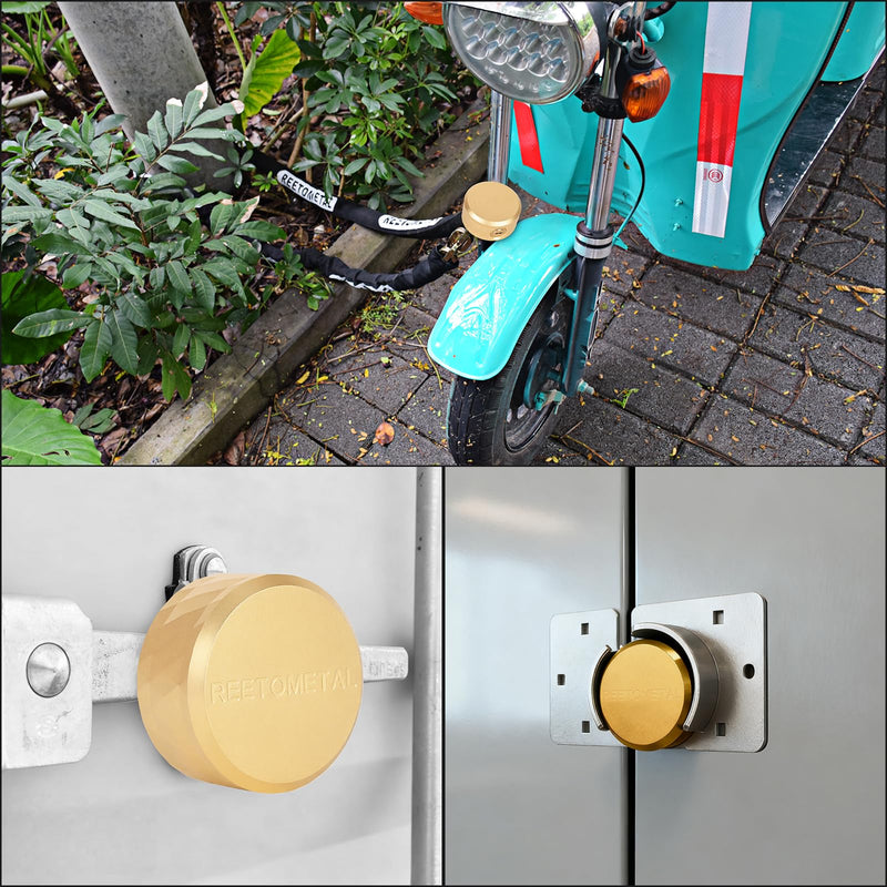 REETOMTAL Heavy Duty Hidden Shackle Lock, Solid Aluminum Puck Lock for Security Chains, Trailers Golden