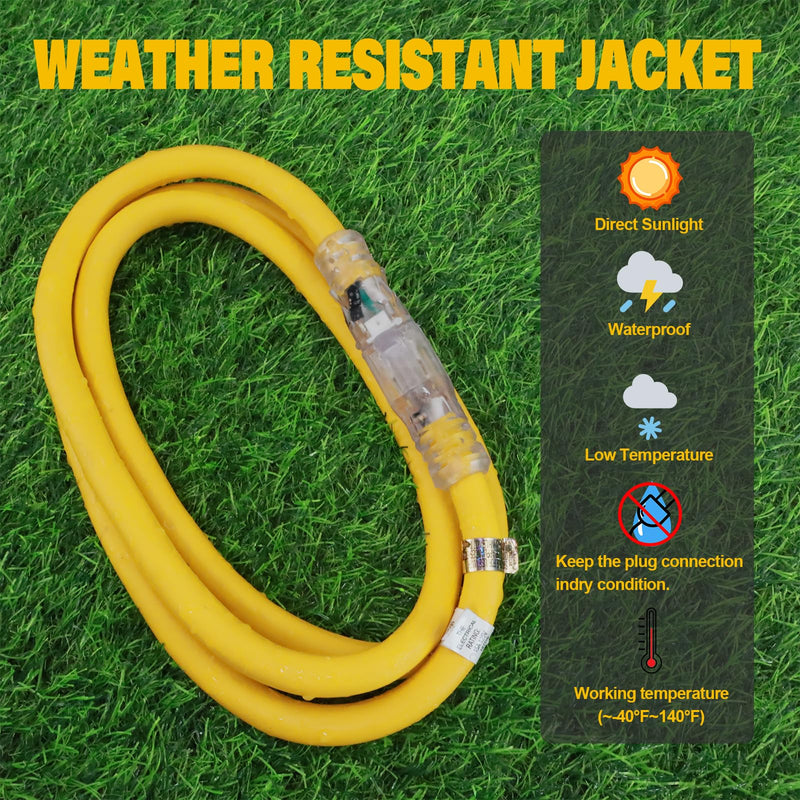 EP 1 ft Lighted Extension Cord - 12/3 SJTW Heavy Duty Yellow Extension Cable with 3 Prong Grounded Plug - 15AMP Power Cord for Lawn, Garden, Appliances 1ft