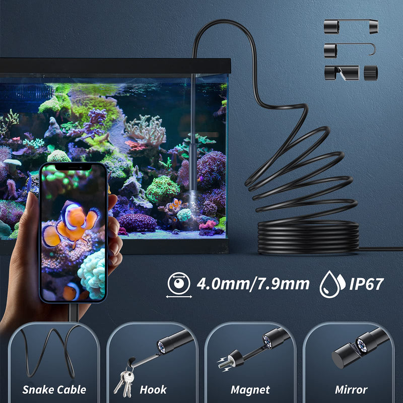 Endoscope Camera with Light, 1920P HD Borescope Tools with 8 Adjustable LED Lights, Endoscope with 16.4ft Semi-Rigid Snake Camera, 7.9mm IP67 Waterproof Inspection Borescope for iOS and Android-16.4ft 3 Interface 16.4ft