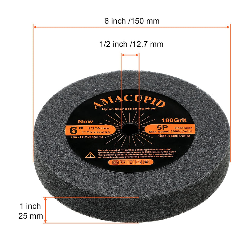Nylon Fiber Brushed Buffing Wheels 6 Inch 5P Hardness. for Bench Grinder Buffing Machine Polishing Copper. 180 Grit, 1/2 inch Arbor, 1 inch Thickness