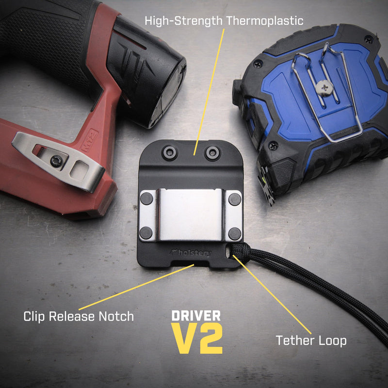 Holstery DriverMaster | Clip-On Tool Belt Drill Holder - Simple Hook Holster for Cordless Drill, Impact, Nailer, Tape Measure, or Any Tools with Hanger Clips DriverMaster V2
