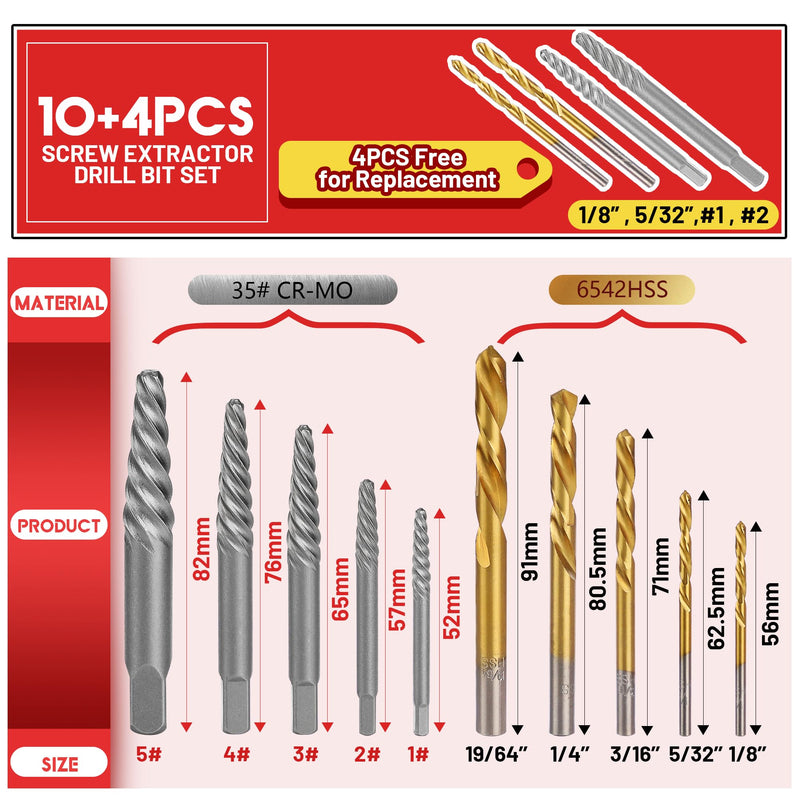 14 Pieces Screw Extractor Set, 35# Cr-Mo & 6542 HSS Steel Cobalt Left Hand Drill Bits Set for Removing Stripped Screws and Broken Bolts Ez Out Screw Extractor Set Broken Bolt Extractor Kit Standard Kit-14PCS