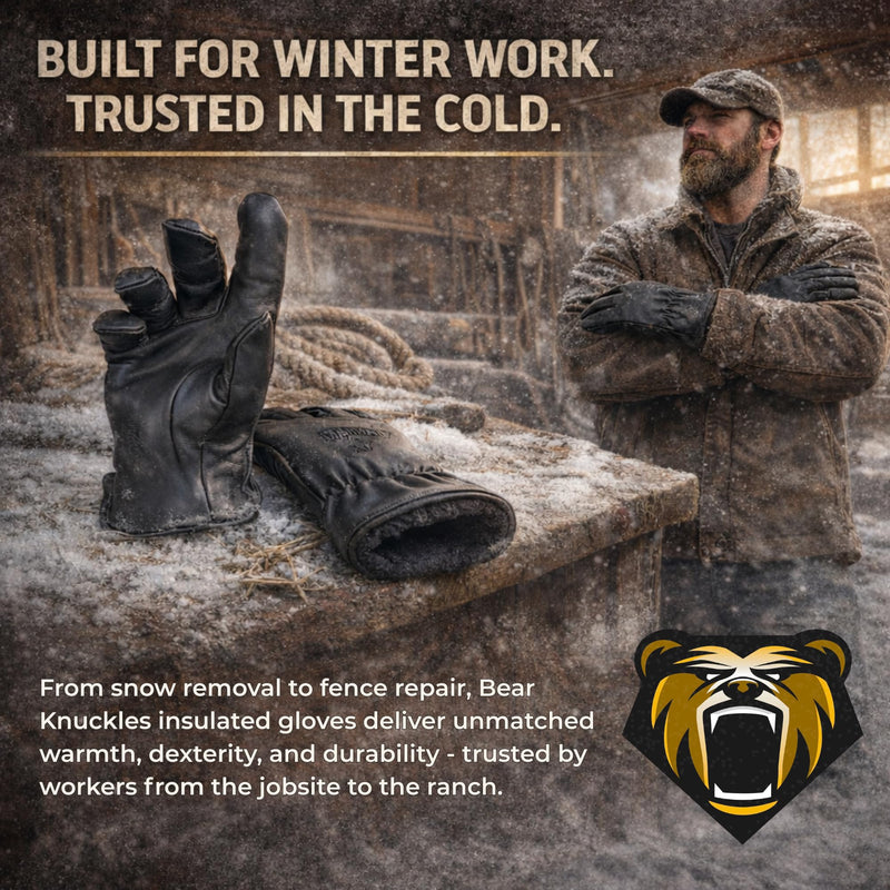 Bear Knuckles Insulated Leather Work Gloves D409, Midnight Black Fleece Lined Cowhide, Heavy Duty Work Gloves. Large