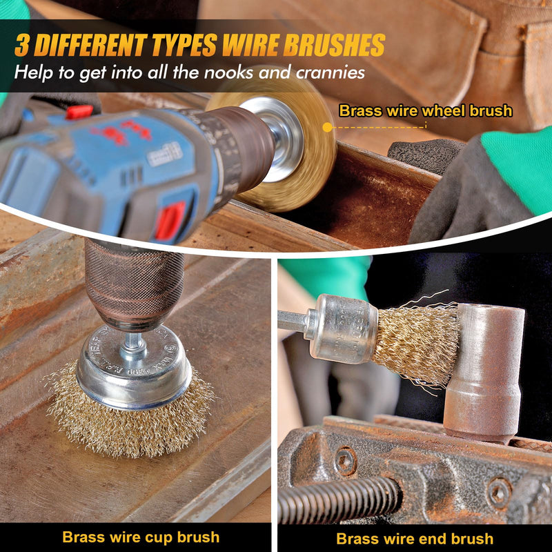 POLIWELL Wire Wheel Cup Brush for Drill, 9 Pack Carbon Steel Bristles Wire Brush Set Coarse Crimped Abrasive Brass Coated Brushes with 1/4 Inch Hex Shank for Rust Removal, Corrosion, Paint Cleaning