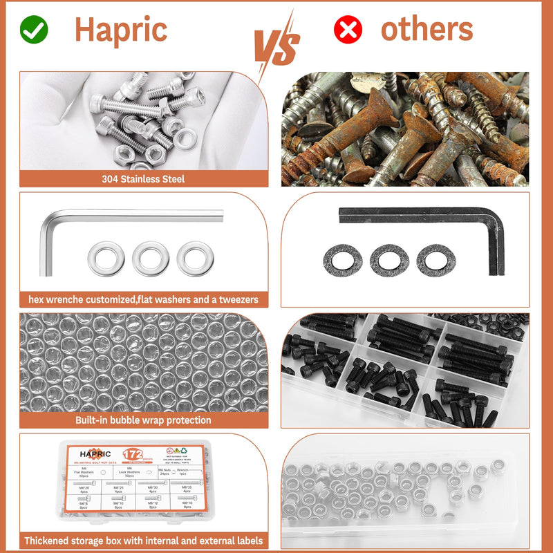 172 Pcs M6 Screws Assortment Kit, M6x 8/10/12/16/20/25/30/35mm M6 Bolts Kit, 304 Stainless Steel Hex Socket Head Screws Nuts Bolts and Washers Set F M6x8mm-35mm 172Pcs