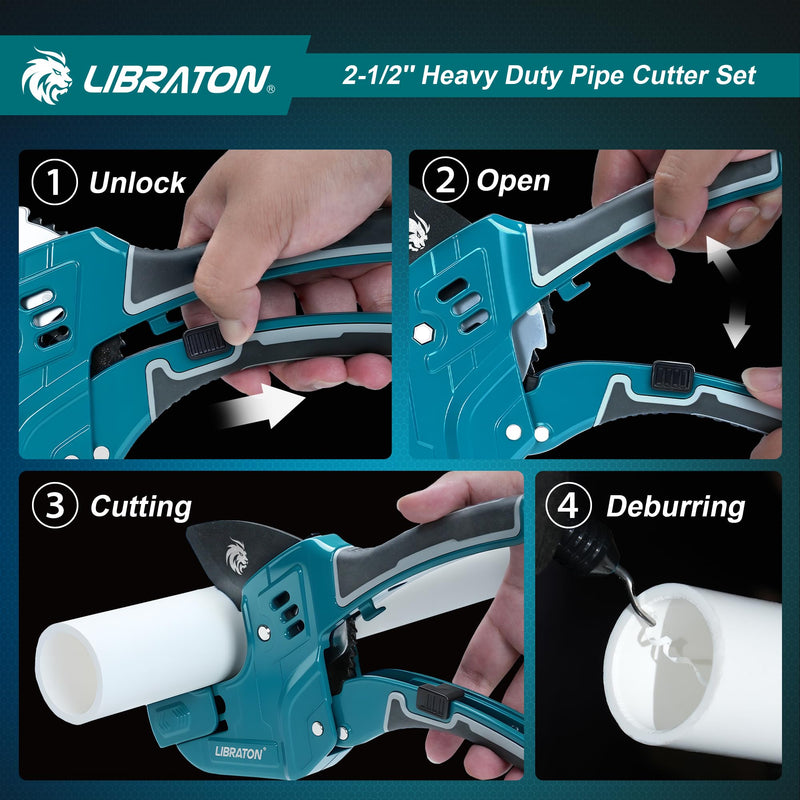 Libraton PVC Pipe Cutter, Up to 2-1/2", Ratchet Pipe Cutter Tool for PEX, PVC, PPR Plastic Hoses Plumbing, Heavy-Duty Pipe Cutter with Deburring Tool Replacement Blade, 2 Adjustable Cutting Ranges 2-1/2"(63mm)