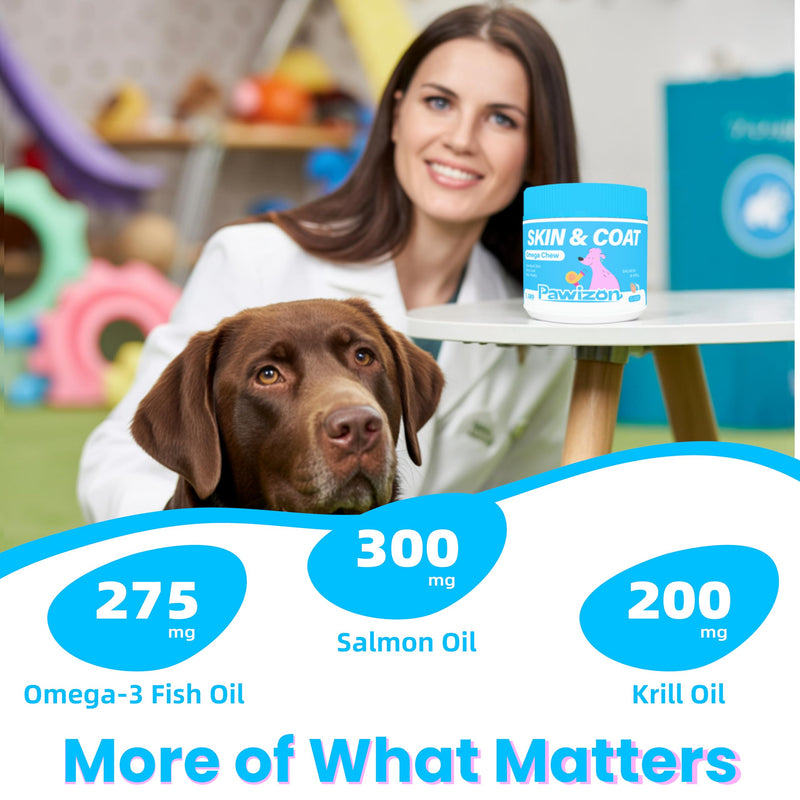 Omega 3 for Dogs –Skin & Coat Supplement – Omega Rich Salmon Oil, Krill Oil & Fish Oil – DHA&EPA for Itchy Skin Relief, Shiny Coat, Shedding & Allergy Support – 120 Soft Chews