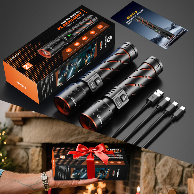 Rechargeable Flashlights High Lumens 100000 2 Pack, Super Bright 30W LED, Long Lasting 12H, Single Click 3 Modes, Multifunctional USB C Input Output LCD Power Display, for Camping Hiking Home