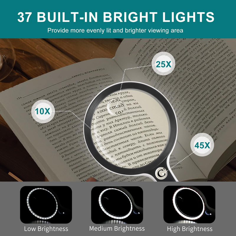 Large Magnifying Glass with 37 LED Light, 10X 20X 45X Handheld Illuminated Lighted Magnifier with 3 Light Modes for Seniors Reading, Inspection, Coins, Exploring Close Work Magnifier with 37 LED Light