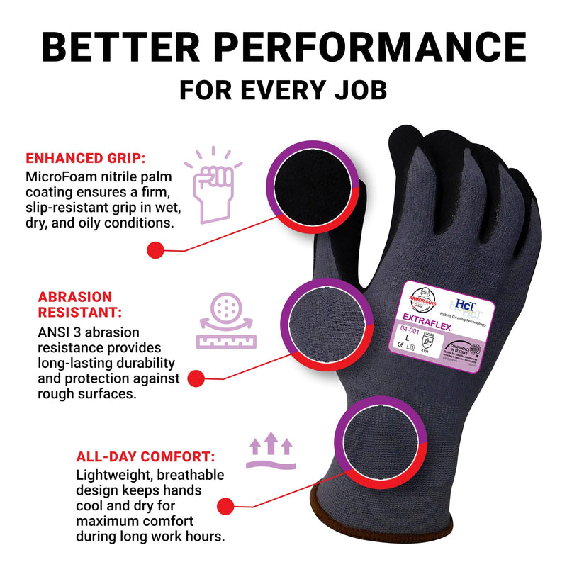 Armor Guys Extraflex Protective Work Gloves - Abrasion Resistant For Women and Men with MicroFoam Nitrile Palm Coating - ANSI 3, L, 12 Pairs 12 Pairs (Large)