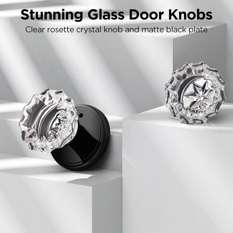 1 Pack Crystal Door Knob, Rosette Shaped Glass Door Knobs Interior with Lock, Matte Black Door Knobs Interior Glass 1