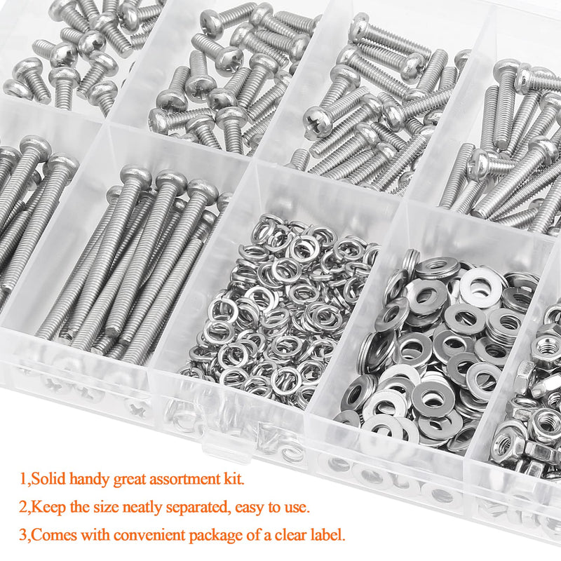 540 Pieces M3 x 6mm /8mm /12mm /16mm /20mm /25mm /30mm, Phillips Pan Head Machine Screws, Metric Screws Bolts Washers Nuts Kit, 304 Stainless Steel