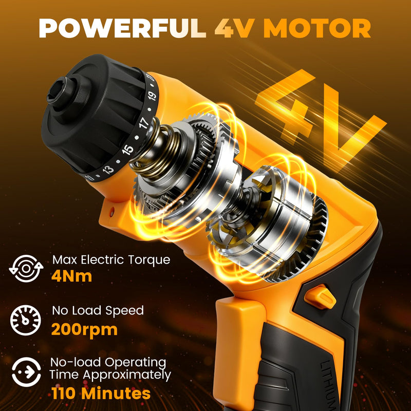 MulWark Electric Screwdriver Set, 4V Cordless Screwdriver with 46 Precision Driver Bit Set in Carrying Case Rechargeable 2-Position Handle, Powered Screwdriver Kit for Home Improvement, DIY Projects Yellow Medium