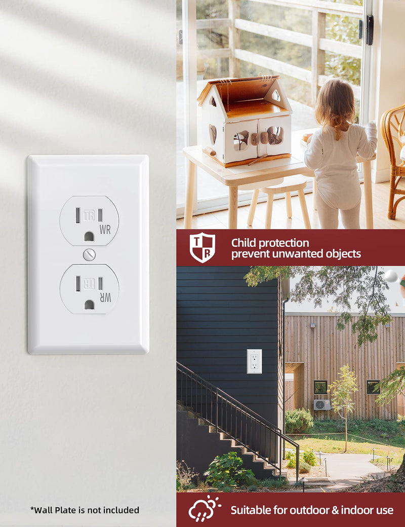AIDA 15 Amps Outlets Duplex Electrical Receptacle Outlets,Weather Resistance & Tamper Resistant Electrical Receptacle, Wall Outlet,2 Pole,3-Wire, Self-Grounding, NEMA 5-15R,UL Listed 10 Pack, White Without Wall Plate