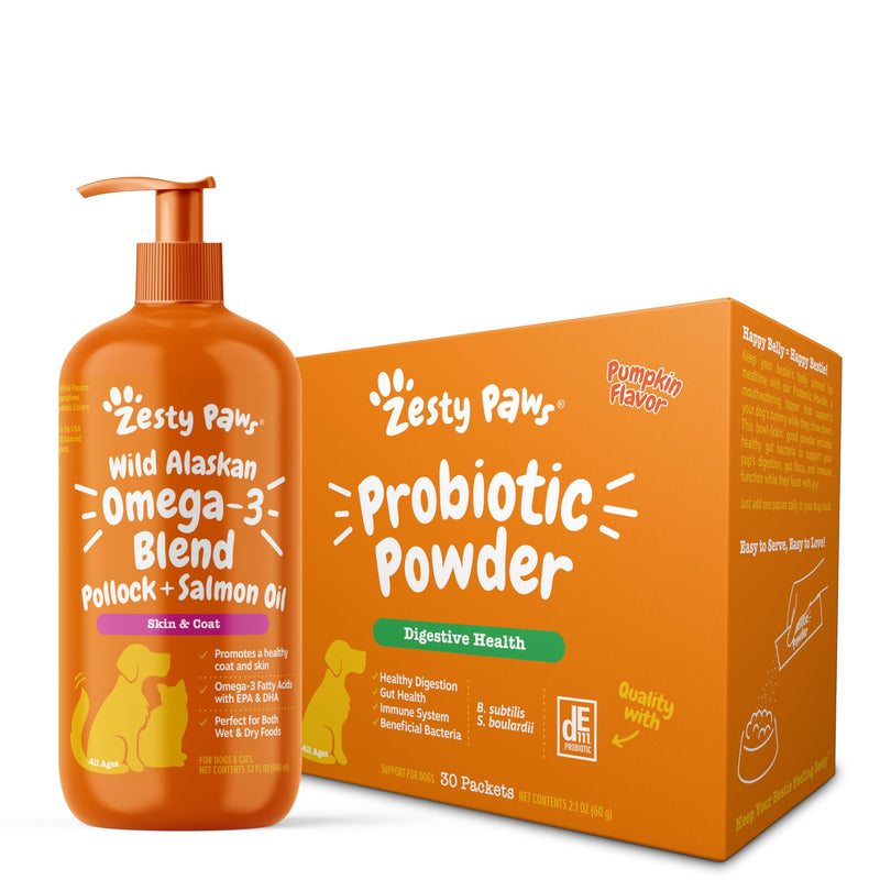 Zesty Paws Wild Alaskan Omega-3 Blend Pollock + Salmon Oil for Dogs + Probiotic Powder for Dogs