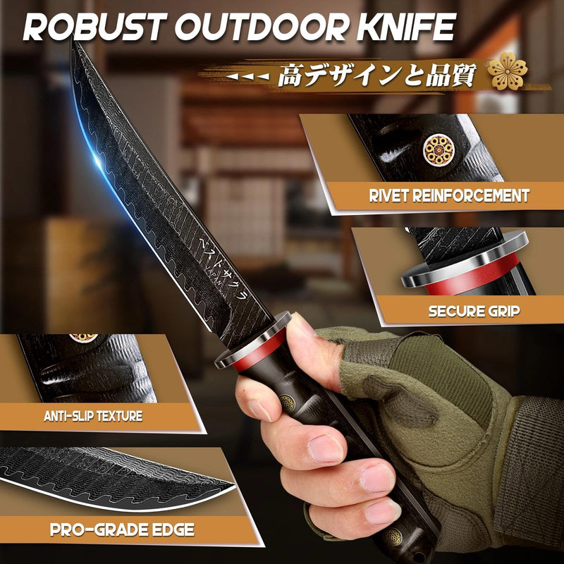 Purple Dragon Japanese Fixed Blade Knife - Fathers' Day Gift Idea for Dad with Gift Box - Samurai Katana Knife with Wooden Sheath - Razor Sharp Camping Knives for Survival Bushcraft