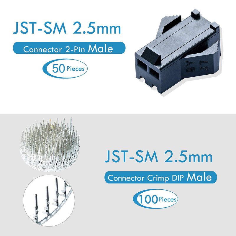 JST SM 2.5 mm Pitch 2-Pin Electronic Connector IC Male Plugs, Female Sockets Housing and Male/Female T-Shaped Crimp Terminal Kit. 50 Sets/300 Pieces Wire-Wire Adapter Cable Assembly. 2P