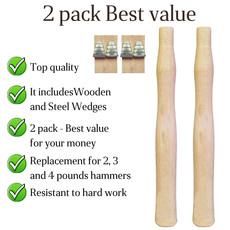 2 pack Wood Sledge hammer handle replacement for 2, 3 and 4 lb Complete Set with Wooden and Steel Wedges - Wood replacement ball pien hammer handle - Wood tool handle - Wooden handle hammers in bulk Hammer-2pack