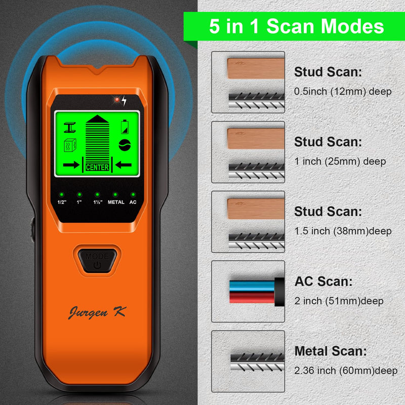 Stud Finder Wall Scanner, 5 in 1 Multifunction Stud Locator with Smart Sensor, HD LCD Display and Audio Alarm for The Center & Edge of Metal, Studs, AC Wire, and Pipe Detection (Tropical Orange) Tropical Orange