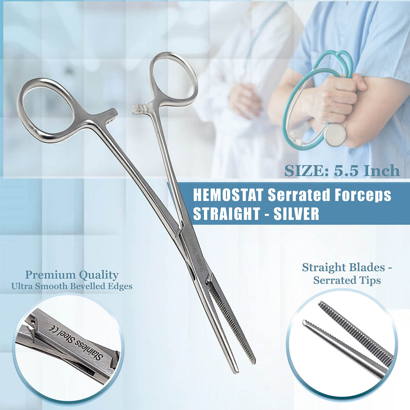 Set of 2 Pieces Bandage Scissors 5.5" and Straight Hemostat 5.5" Made of Premium Quality Stainless Steel (Silver) Silver