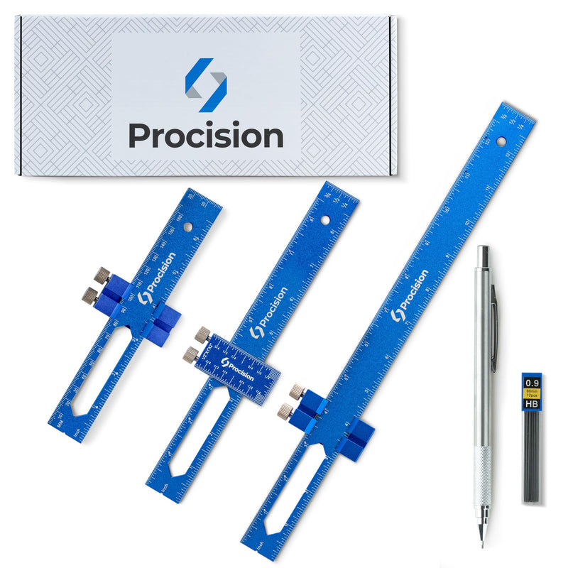Procision Woodworking Ruler, Set of 3 (12, 8, 6 Inch), Precise Woodworking Pocket Ruler with Extra Wide 2" Sliding Attachment, Slide Rule T-Type Scribing Ruler Square Ruler Plus Mechanical Pencil