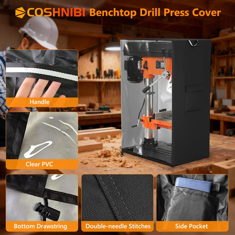 COSHNIBI Benchtop Drill Press Cover,Fit Most 12-Inch Mini Drill Press on the Market,with Side Pocket and Transparent PVC Design,25.5"D x 17.3 "W x 38.5 "H,Black