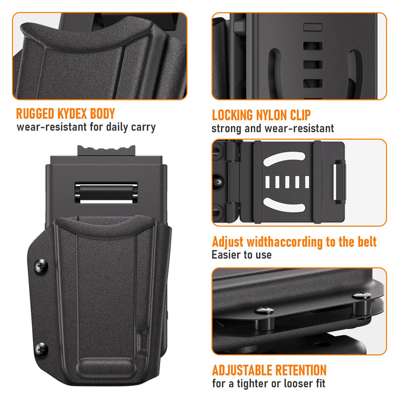 Kydex Multitool Sheath for Leatherman Surge, Bit Kit Holder and 2 Belt Clip | 1.5 mm rigid shell; adjustable retention; removable flint stick; horizontal and vertical carry