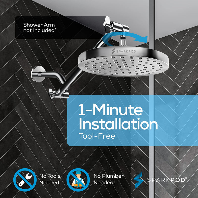 SparkPod Shower Head - High Pressure Rain - Premium Quality Luxury Design - Easy Clean Adjustable Replacement for Your Bathroom Shower Heads (Luxury Polished Chrome, 8 Inch Round) Luxury Polished Chrome