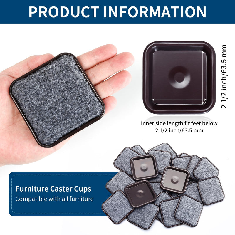 2 1/2" Square Reusable Felt Furniture Caster Cups with Carpet Bottom, Felt Furniture Sliders Floor Protectors Pads to Protect Hardwood, Tile or Laminate Floors from Scratches, Brown/Gray (16 Pack) 2-1/2 Inch