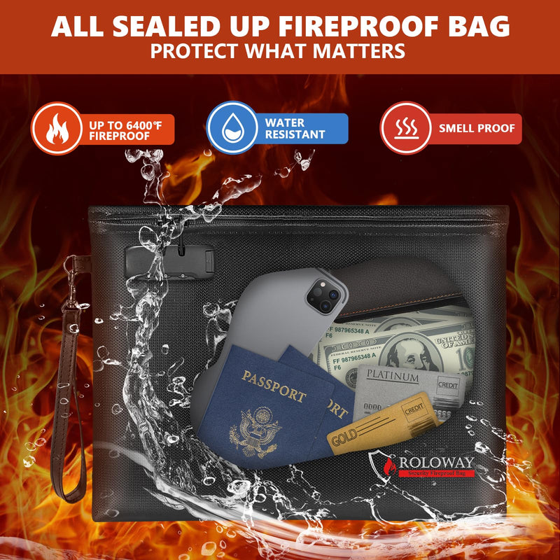 ROLOWAY Fireproof Document Bag (14.5 x 11.5 inch), 6400℉ Fireproof Money Bag with Zipper for Cash, Fire Safe Money Pouch with Lock (Black) Black