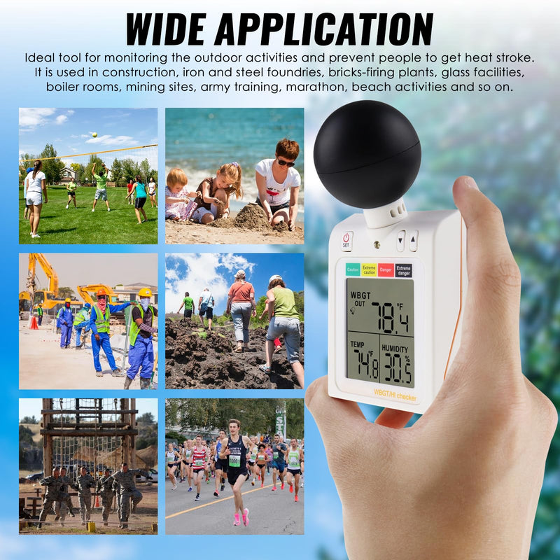 Wet Bulb Thermometer 2-in-1 WBGT + HI Heat Index Checker Heat Stress Meter, Wearable Indoor Outdoor Wet Bulb Globe Thermometer Humidity Tester with Four Level Indicator and Audible Alarm