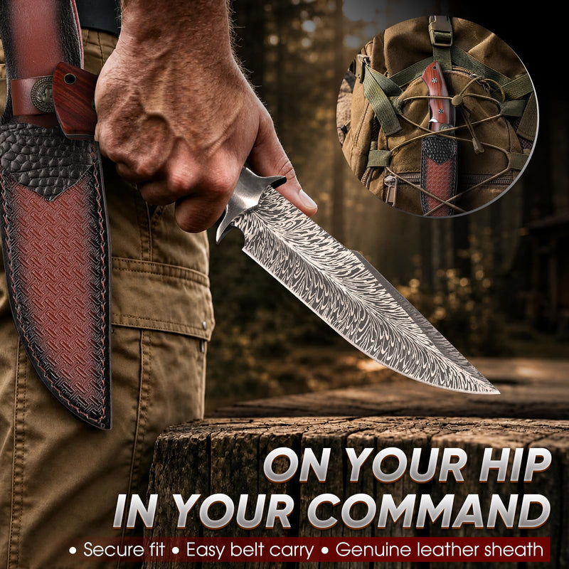Purple Dragon Fixed Blade Knife with Leather Sheath – Hand Forged Camping Knife with Full Tang Rosewood Handle for Survival Outdoor Tasks, Gifts for Men Outdoor Enthusiasts