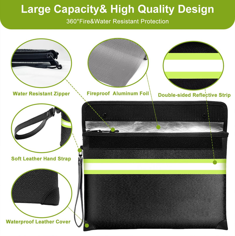 6500°F Fireproof Document Bag,Upgraded Fireproof Money Bag with Waterproof Zipper,10 Layers Heat Insulated Materials/Reflective Strip with Handle for Important Documents（Not Suitable for A4 Files） Deep Black Medium Size