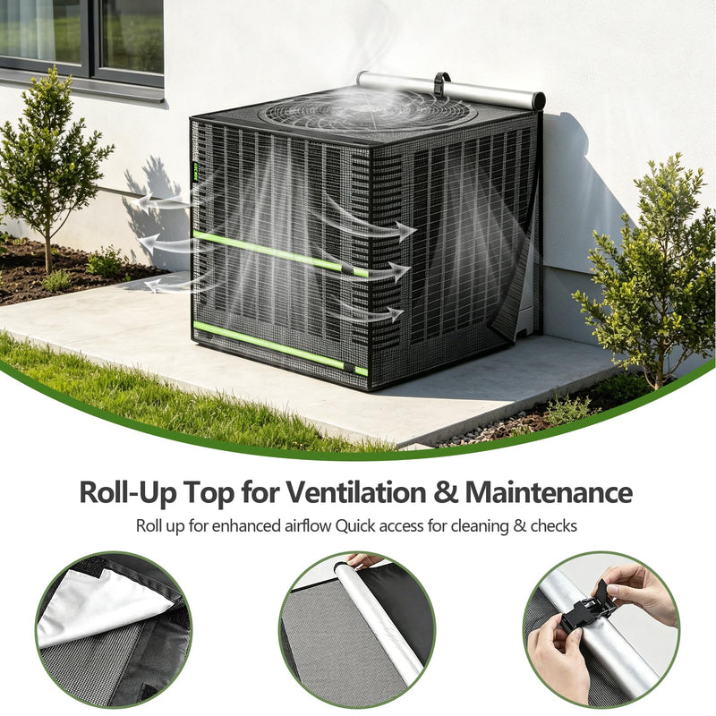 2 in 1 Full Mesh Air Conditioner Cover with Roll-Up Waterproof Top-Heavy Duty 420D Oxford, Breathable Outdoor AC Unit Defender for All Season, Anti-UV, Windproof, Easy Install, 32"W x 32"D x 36"H Black 32"L x 32"W x 36"H