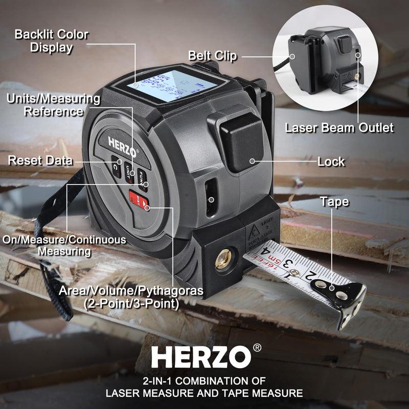 HERZO 2-in-1 Laser Tape Measure 135Ft/40m Laser Measurement Tool & 16Ft/5m Manual Measuring Tape Movable Hook Pythagorean, Area, Volume, Ft/Ft+in/in/M Unit-NOT Digital