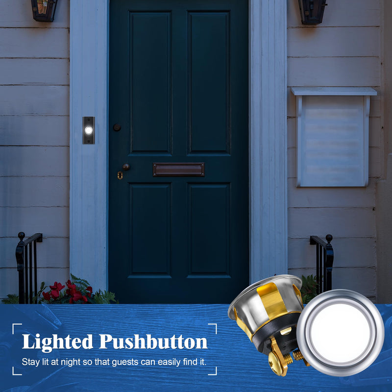 Dreyoo 2 Pack Lighted Doorbell Button Replacement, Easy to Install Wired Doorbell Button Push Door Bell Ringer Kit Round Rim with Lighted Center, White Light(Silver) Silver