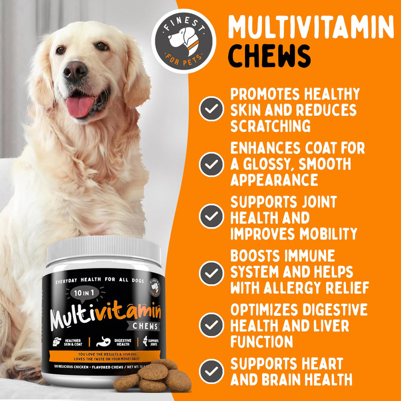 Dog Multivitamin Chewable Treats - Pet Vitamins and Supplement, 10-in-1 Multivitamin for Dogs, Supports Joints, Hip, Bowel, Muscle Health, with Glucosamine and Omega Fish Oil (120 Chews) - PawsPlanet Australia
