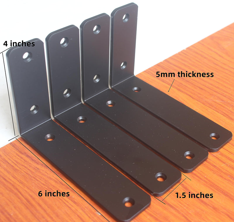 4 Pack - L 6" x H 4" x W1.5", 5mm Thick Black L Shelf Bracket, Iron Shelf Brackets, Metal Shelf Bracket, Industrial Shelf Bracket, Floating Shelf Bracket, Shelf Supports with Screws Black 4 Pack 6''x4''