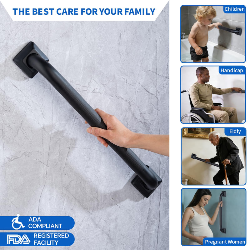 Bathroom SafetyGrab Bars for Elderly Seniors,Anti-Slip Shower Handles Toilet Grab Bars,High Weight Capacity,Wall Mounted Grab Bars for Bathtub Shower,Black Grab Bars (Black Knurled, 16-inch Grab Bar)