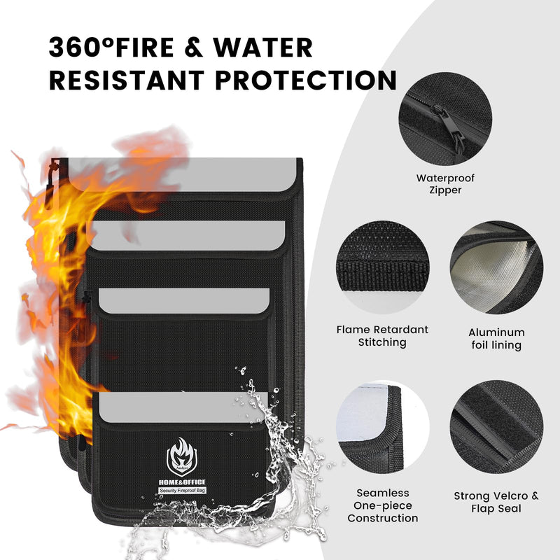 4 Pack Fireproof Document Bags, Waterproof Document Pouch Holder with Zipper, Fire Proof Money Bag for Cash, Fireproof Envelope Fire Safe Bag, Fire Resistant Storage for Legal/A4 Size (Black) Black