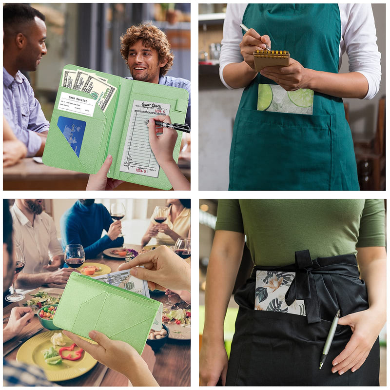 Server Book, PU Leather Server Books for Waitress, Waitress Book with 1 Zipper Pocket, Waiter Wallet with 9 Pockets and 1 Pen Holder, Server Note Pad Checkbook Fit Server Apron- Vector Leaves B