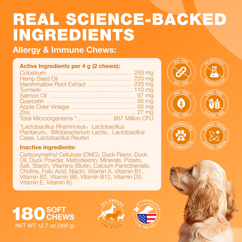 Dog Allergy Relief Chews - Itch Relief for Dogs - 180 Allergy Chews for Itching Skin with Probiotics, Colostrum, Salmon Oil - Allergy, Skin and Coat, Immune, Digestion Support Supplement - Hot Spots 180 count Allergy Support Chews