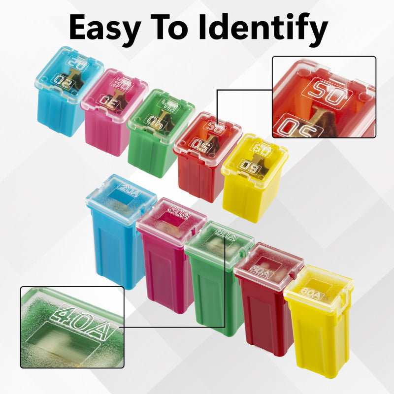 10 PCS Versatile Automotive Fuse Assortment Low Profile Box Shaped Micro Cartridge Fuses Kit for Pickup Trucks Cars and SUVs (20 A/30 A/40 A/50 A/60 A, 2 PCS Each) 10 Low