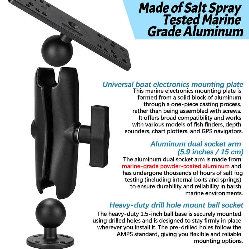 Fish Finder Mount with C Size 1.5" Ball,5.9" Aluminum Arm Marine Electronics/Depth Finder Mount,High Salt Water Resistant,Compatible with Garmin, Lowrance,and More Medium